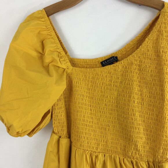 Eloquii Womens Smocked Bodice Asymmetrical Neck Preppy Boho Midi Dress Yellow 22 - Picture 2 of 11